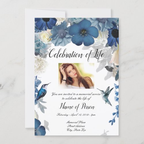 Blue Flowers Hummingbird Funeral Invitation