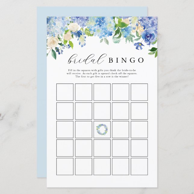 Blue Flowers Hydrangea Bridal Bingo Game Cards (Front/Back)