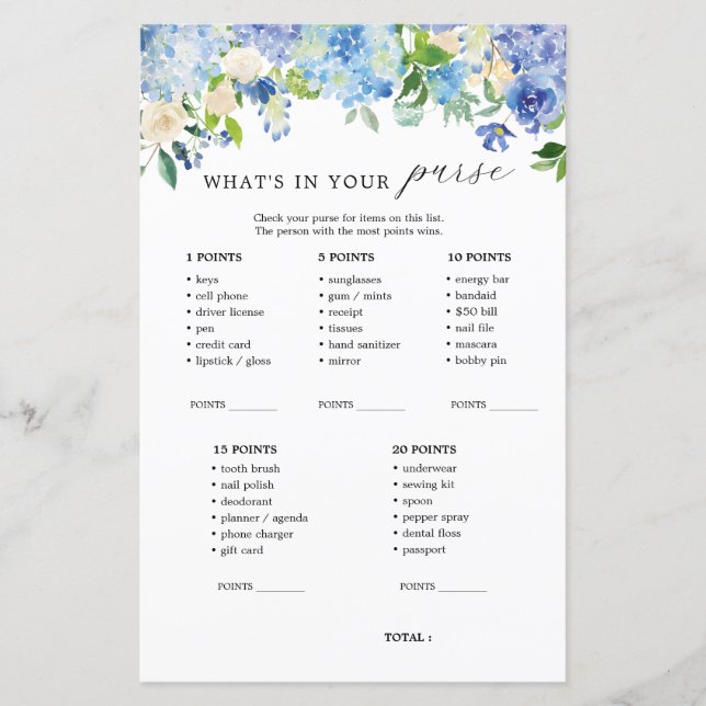 Blue Flowers Hydrangea What's In Your Purse (Front)