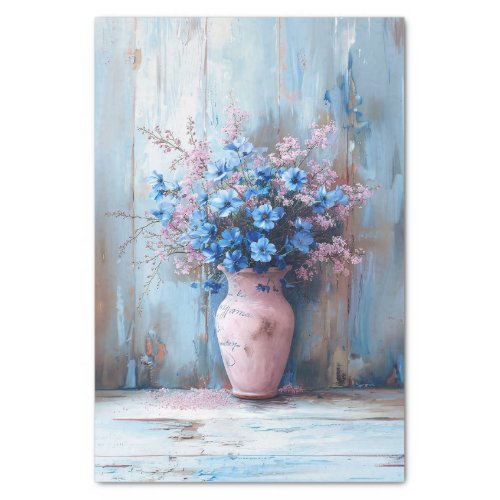 Blue Flowers in a Pink Vase Shabby Decoupage Tissue Paper