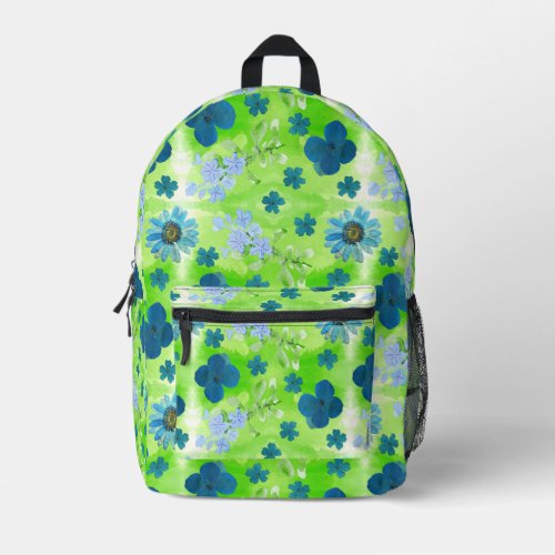 Blue Flowers in Lime Green Printed Backpack