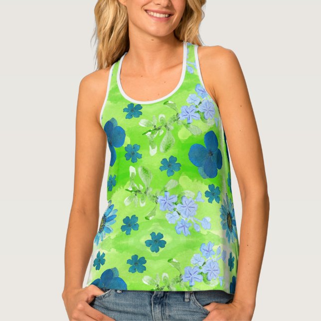 Blue Flowers in Lime Green Tank Top (Front)