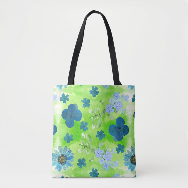 Blue Flowers in Lime Green Tote Bag (Front)