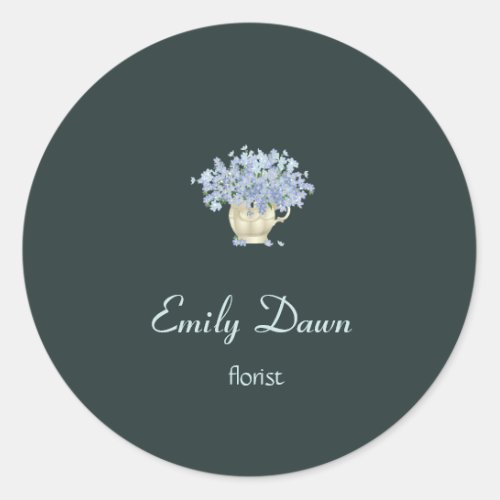 Blue flowers in vase gray classic round sticker