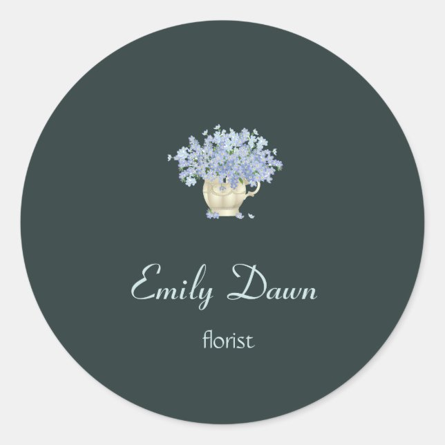 Blue flowers in vase gray classic round sticker (Front)