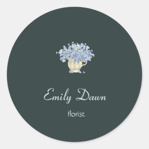 Blue flowers in vase gray classic round sticker