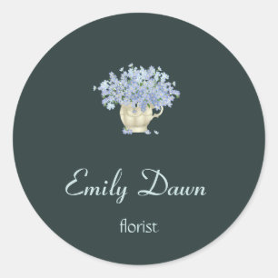 Blue flowers in vase gray classic round sticker