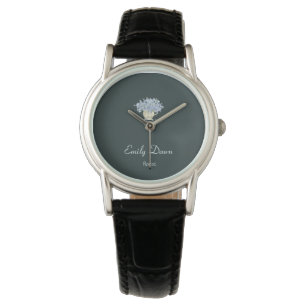 Blue flowers in vase gray watch