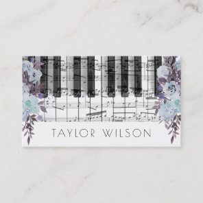 blue flowers keyboard music teacher business card