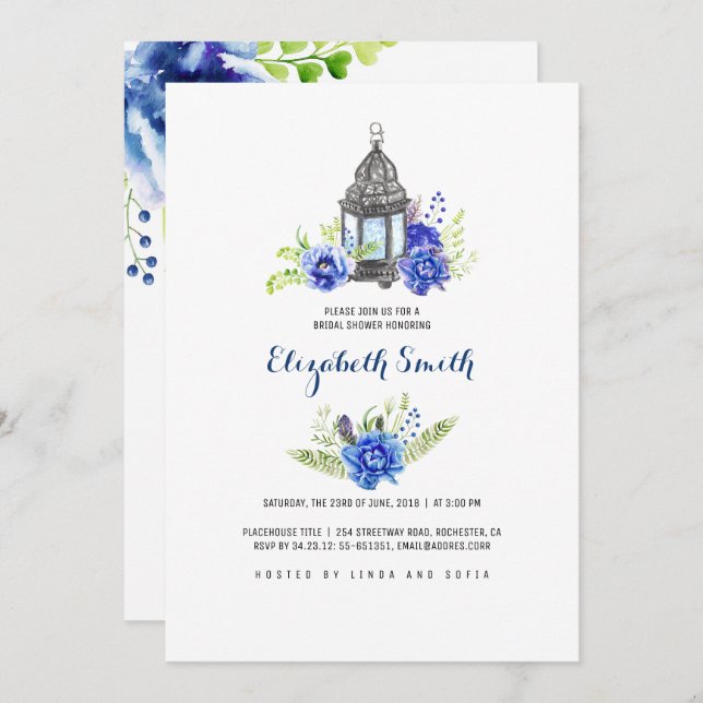 Blue Flowers Lantern Watercolor Bridal Shower Invitation (Front/Back)