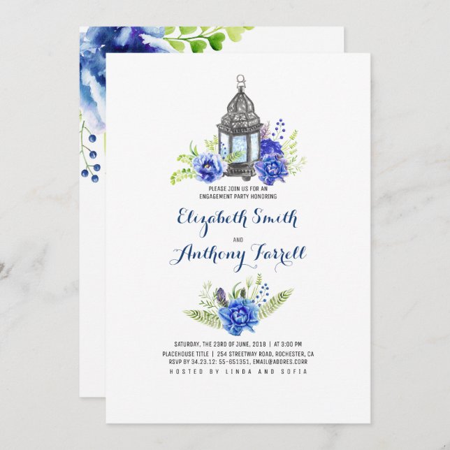 Blue Flowers Lantern Watercolor Engagement Party Invitation (Front/Back)