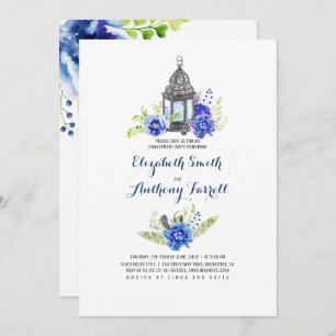 Blue Flowers Lantern Watercolor Engagement Party Invitation