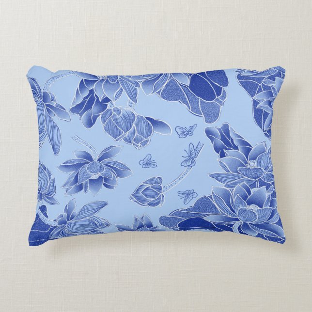 Blue Flowers Lotus Mandala Water lily Chinoiserie  Accent Pillow (Front)