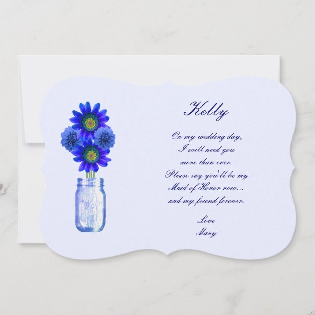 Blue Flowers Mason Jar Maid Of Honor Card (Front)