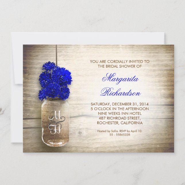 Blue Flowers Mason Jar Rustic Invitation (Front)