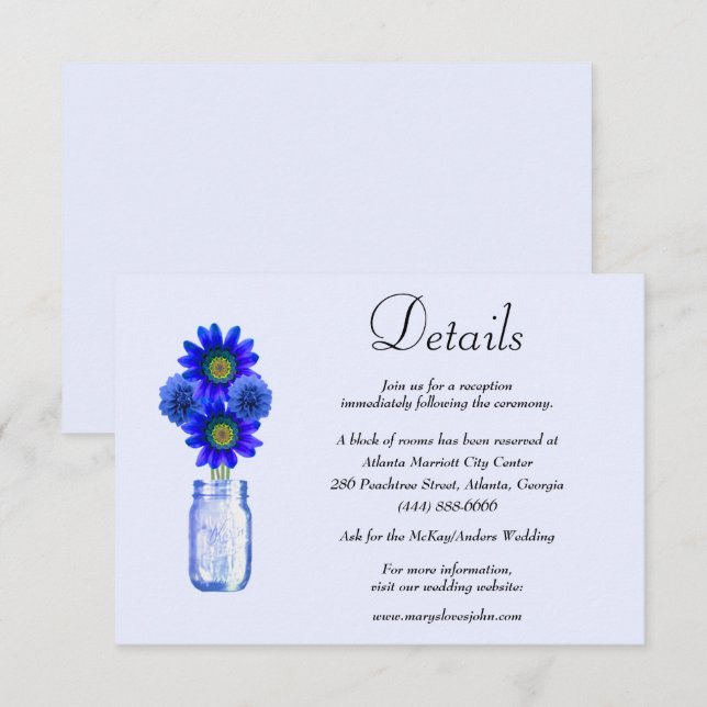 Blue Flowers Mason Jar Wedding Details Enclosure Card (Front/Back)