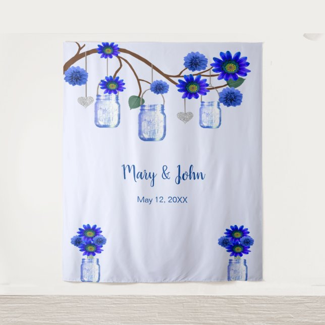 Blue Flowers Mason Jars Photo Backdrop (Front)