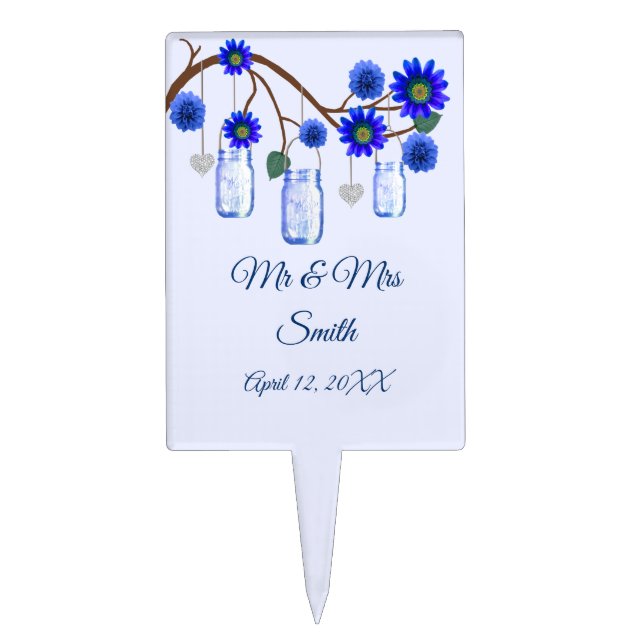 Blue Flowers Mason Jars Wedding Cake Topper (Front)