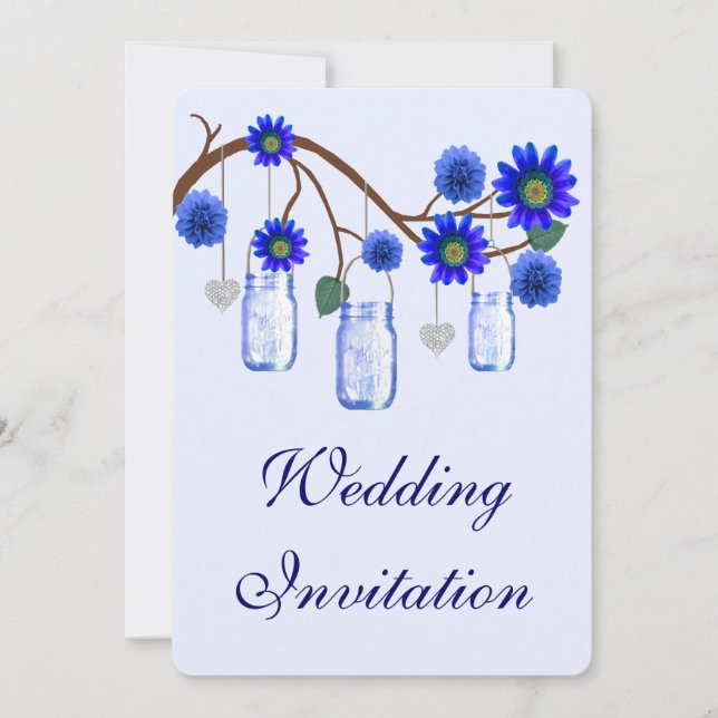 Blue Flowers Mason Jars Wedding Invitation (Front)