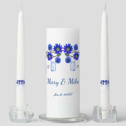 Blue Flowers Mason Jars Wedding Unity Candle Set