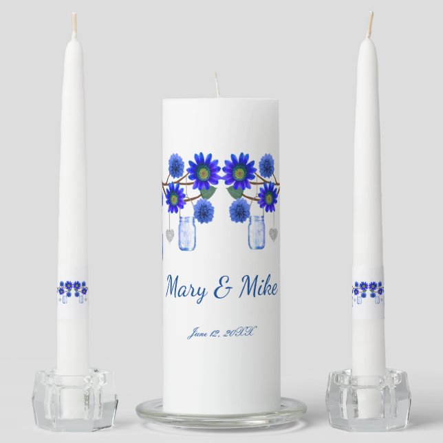 Blue Flowers Mason Jars Wedding Unity Candle Set (Front)
