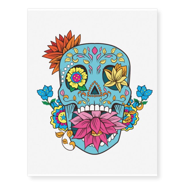 Blue Flowers Mexican Tattoo Sugar Skull (Front)