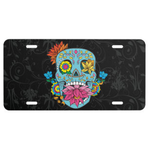 Blue Flowers Mexican Tattoo Sugar Skull License Plate