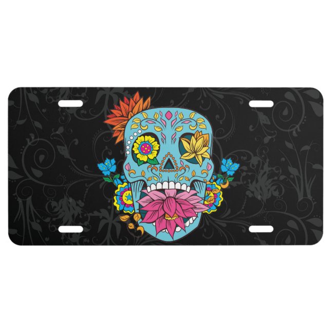 Blue Flowers Mexican Tattoo Sugar Skull License Plate (Front)