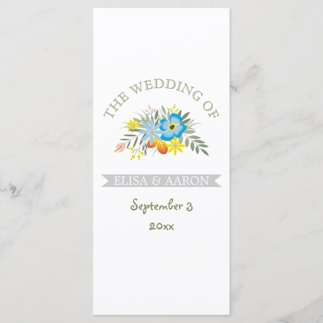 Blue flowers modern floral wedding program (Front)