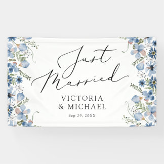 Blue Flowers Modern Just Married Banner