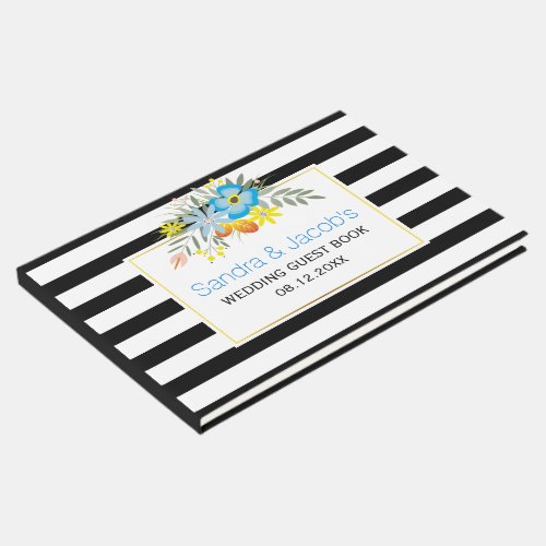 Blue flowers modern stripes floral wedding guest book