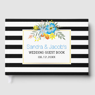 Blue flowers, modern stripes floral wedding guest book