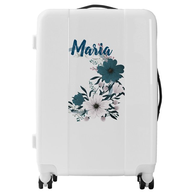 Blue Flowers Monogram Travel Luggage (A digital illustration on a white background, featuring a floral design with the name "Maria".)