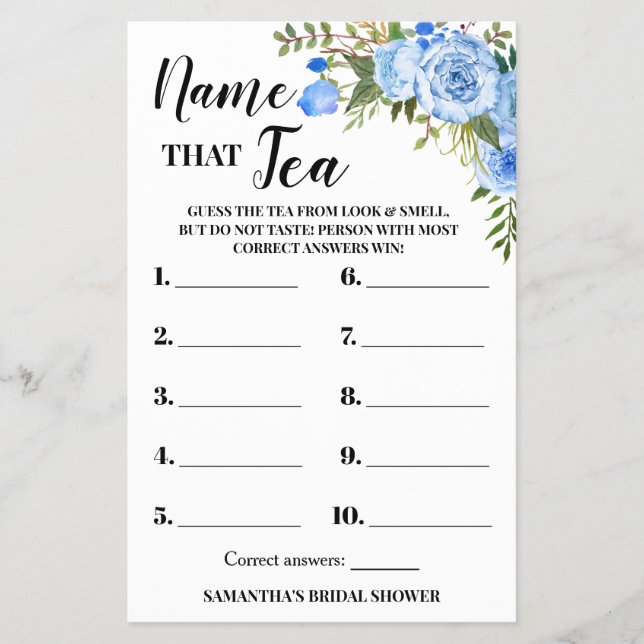 Blue Flowers Name that Tea Bridal Shower Game Card Flyer (Front)