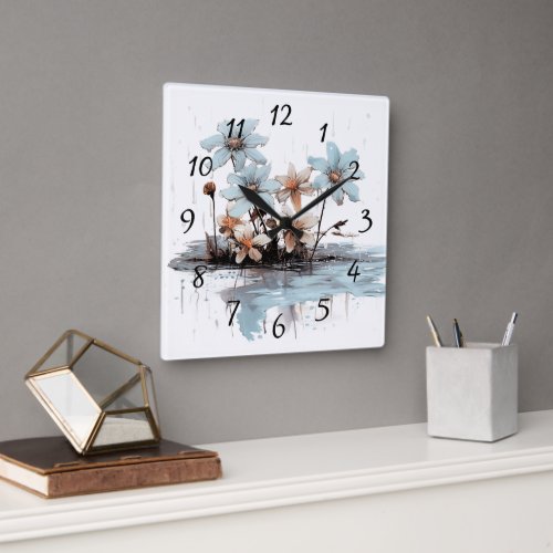 Blue Flowers On A Log Floating On Water Square Wall Clock