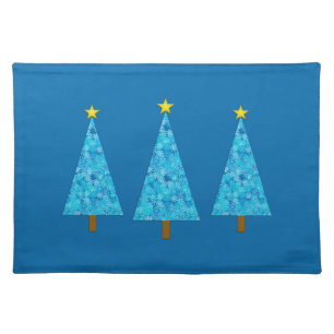 Blue Flowers on a Retro Modern Christmas Tree Cloth Placemat