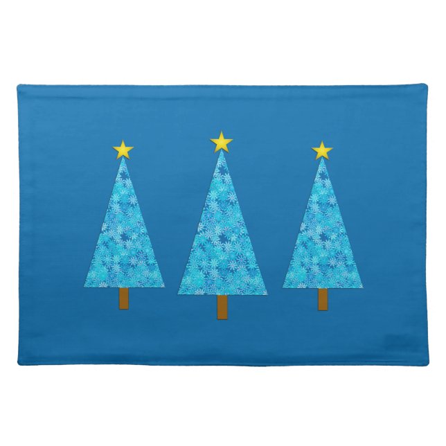 Blue Flowers on a Retro Modern Christmas Tree Cloth Placemat (Front)