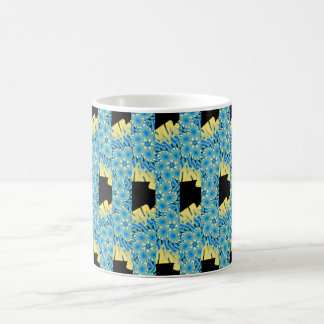 Blue flowers on black with yellow abstract coffee mug