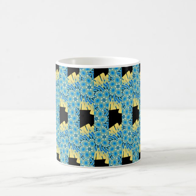 Blue flowers on black with yellow abstract coffee mug (Center)