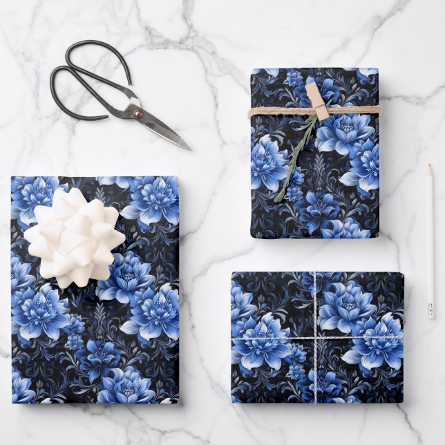 Blue Flowers on Black Wrapping Paper Sheets (Front)