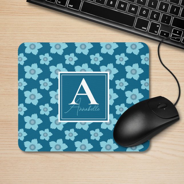 Blue Flowers On Blue Background Monogram  Mouse Pad (Creator Uploaded)