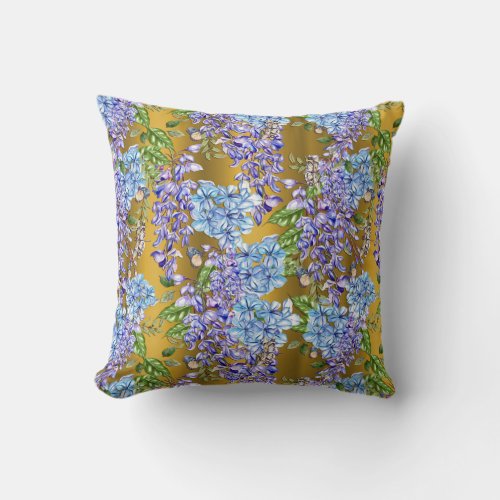 Blue Flowers on Gold Throw Pillow