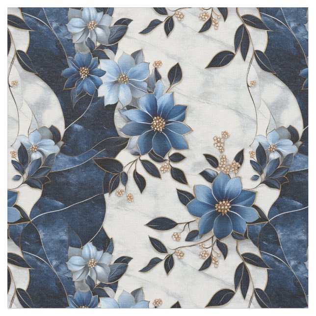 Blue Flowers on Marble  Fabric (Close Up)