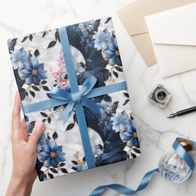Blue Flowers on Marble  Wrapping Paper (Gifting)