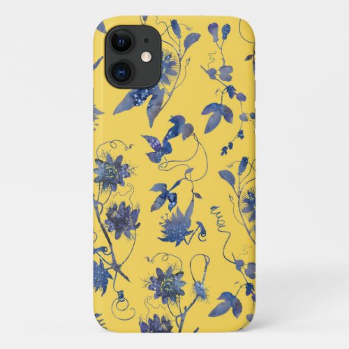 Blue Flowers on Mustard Yellow Floral Pattern iPhone 11 Case