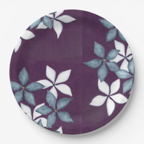 Blue flowers on plum background paper plates