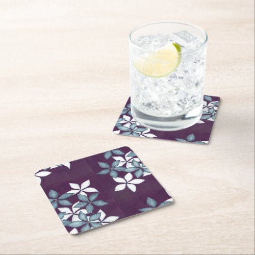 Blue flowers on plum background square paper coaster