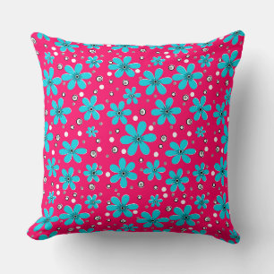 blue flowers on red background with polka dots ret throw pillow