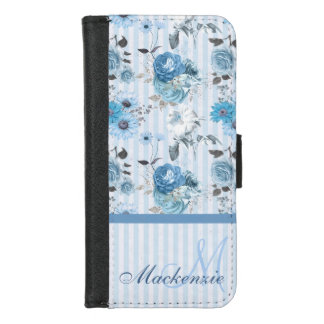 Blue Flowers on Stripes Personalized iPhone 8/7 Wallet Case