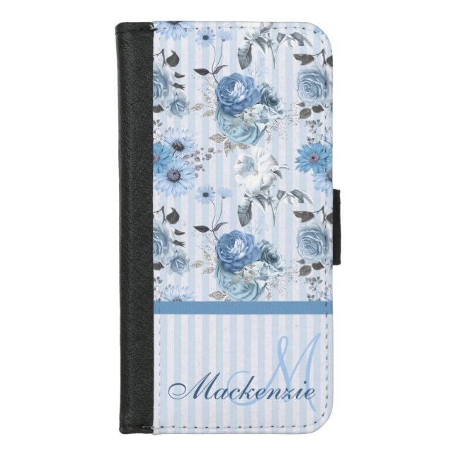 Blue Flowers on Stripes Personalized  iPhone Wallet Case (Front)